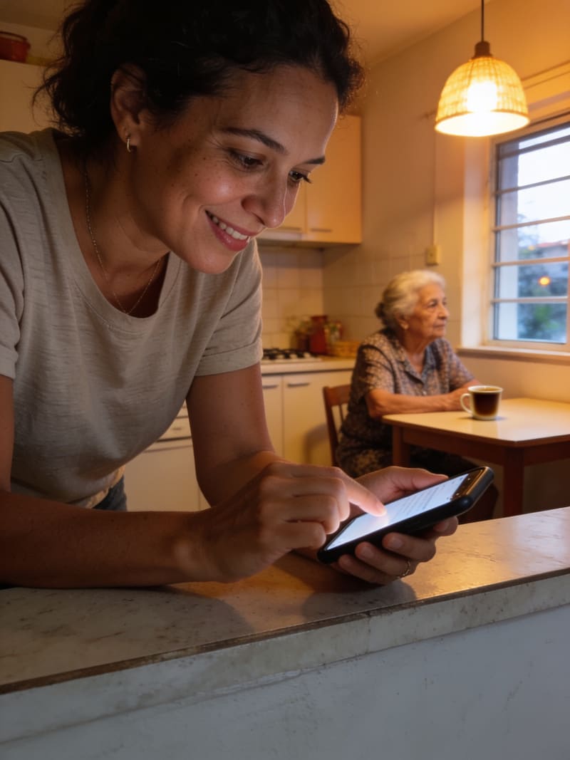 Mulher sorrindo enquanto escreve uma mensagem no celular, com a mãe tomando café ao fundo