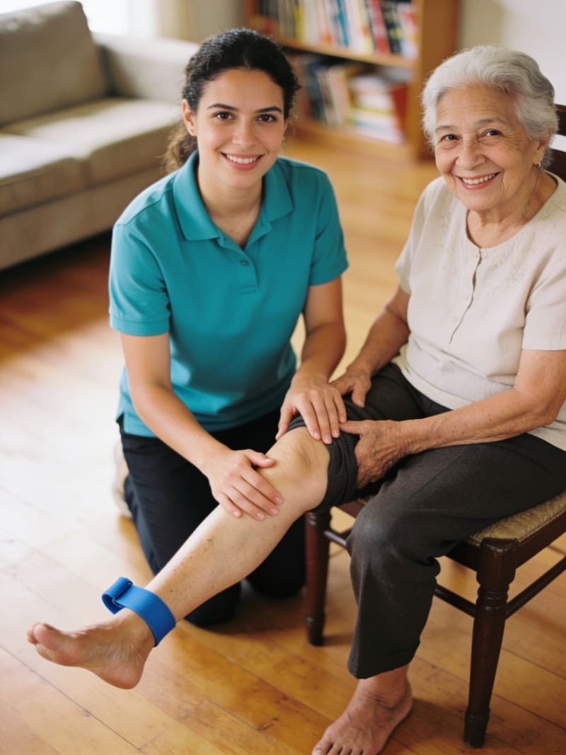 Fisioterapeuta orientando exercício de joelho com uma senhora sentada na sala