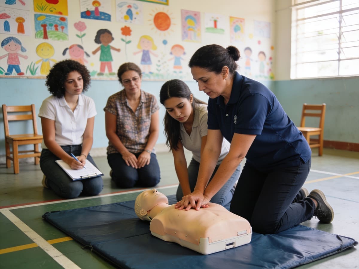 Enfermeira instrutora orientando uma professora a fazer massagem cardíaca em um boneco de treinamento, numa sala de aula
