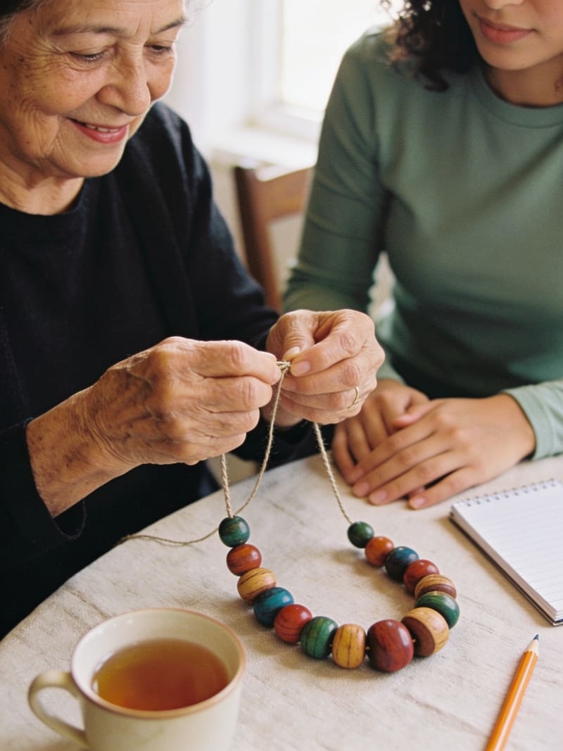 Senhora montando um colar de contas de madeira com a terapeuta ocupacional ao lado